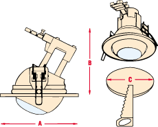 <b>Рис. 3.</b><br>Типовая конструкция точечного поворотного<br>светильника под лампу накаливания:<br>А - внешний диаметр светильника<br>В - глубина установки<br>С - диаметр посадочного отверстия