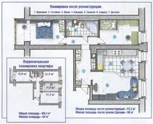 Схема перепланировки трехкомнатной квартиры с объединением гостиной и кухни, санузла и ванной и присоединением балкона к жилой площади